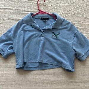 Blue Polo Shirt with Butterfly Embroidery